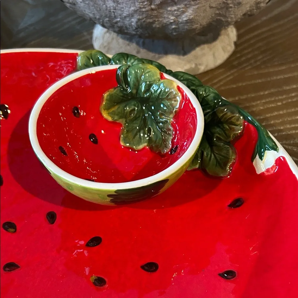 NEW! Ceramic Stoneware Vibrant Watermelon Chip & Dip Serving Fruit Bowl